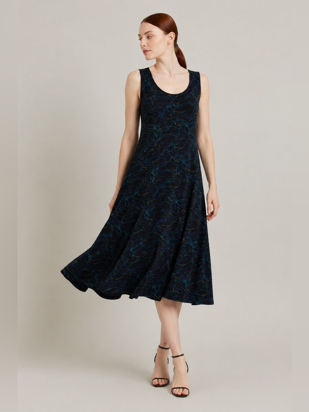 CHICO’S TRAVELERS | Black Sleeveless Midi Dress with Blue & Green Wave Print